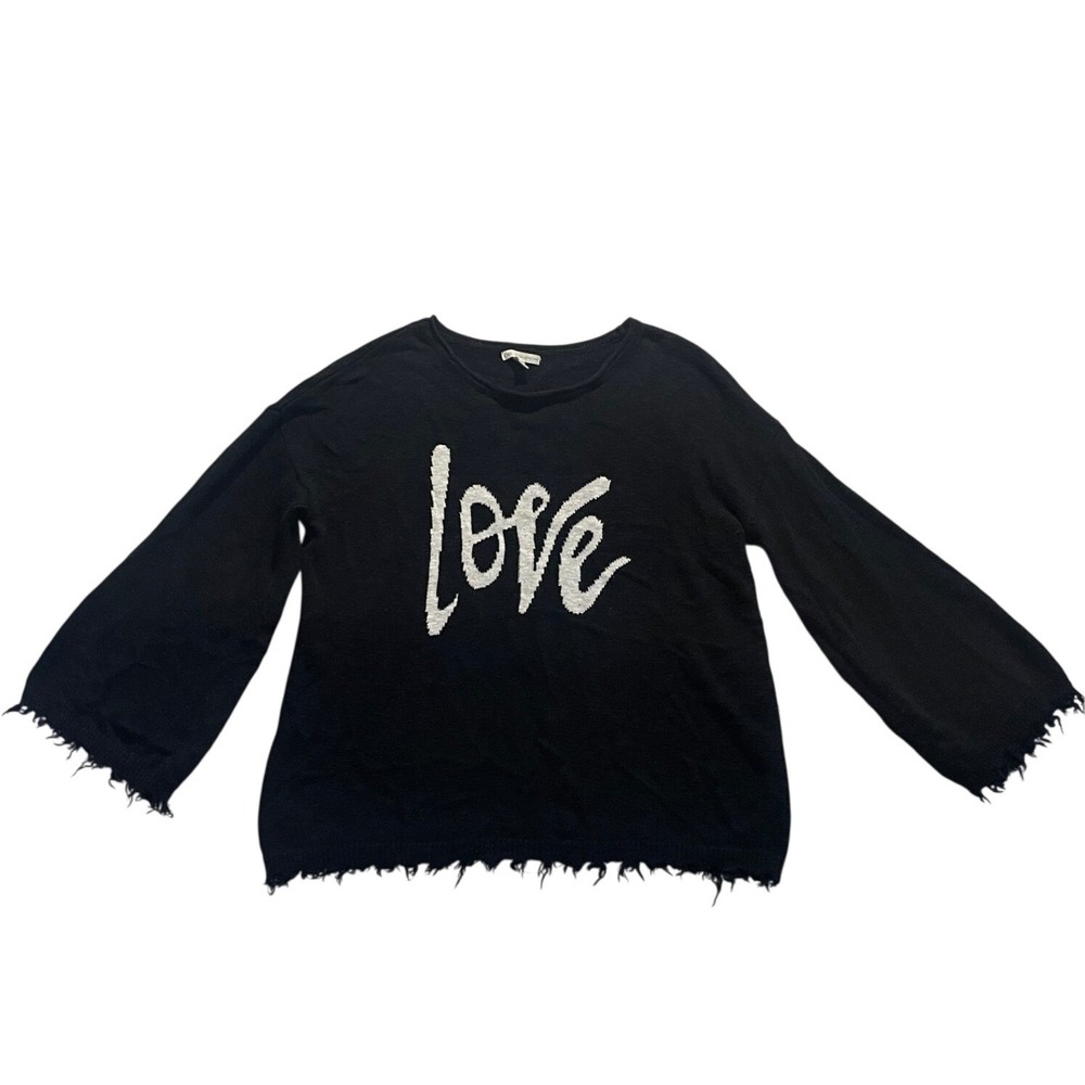 Wide sLeeve Black Knit Sweater Love Graphic Distressed Fringe Hem Size L by Cato